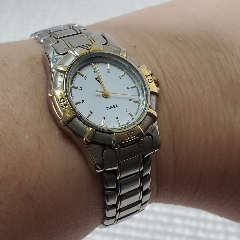 Timex Watch 377 BA Cell Womens Silver Gold Vintage Water Resistant Needs Battery